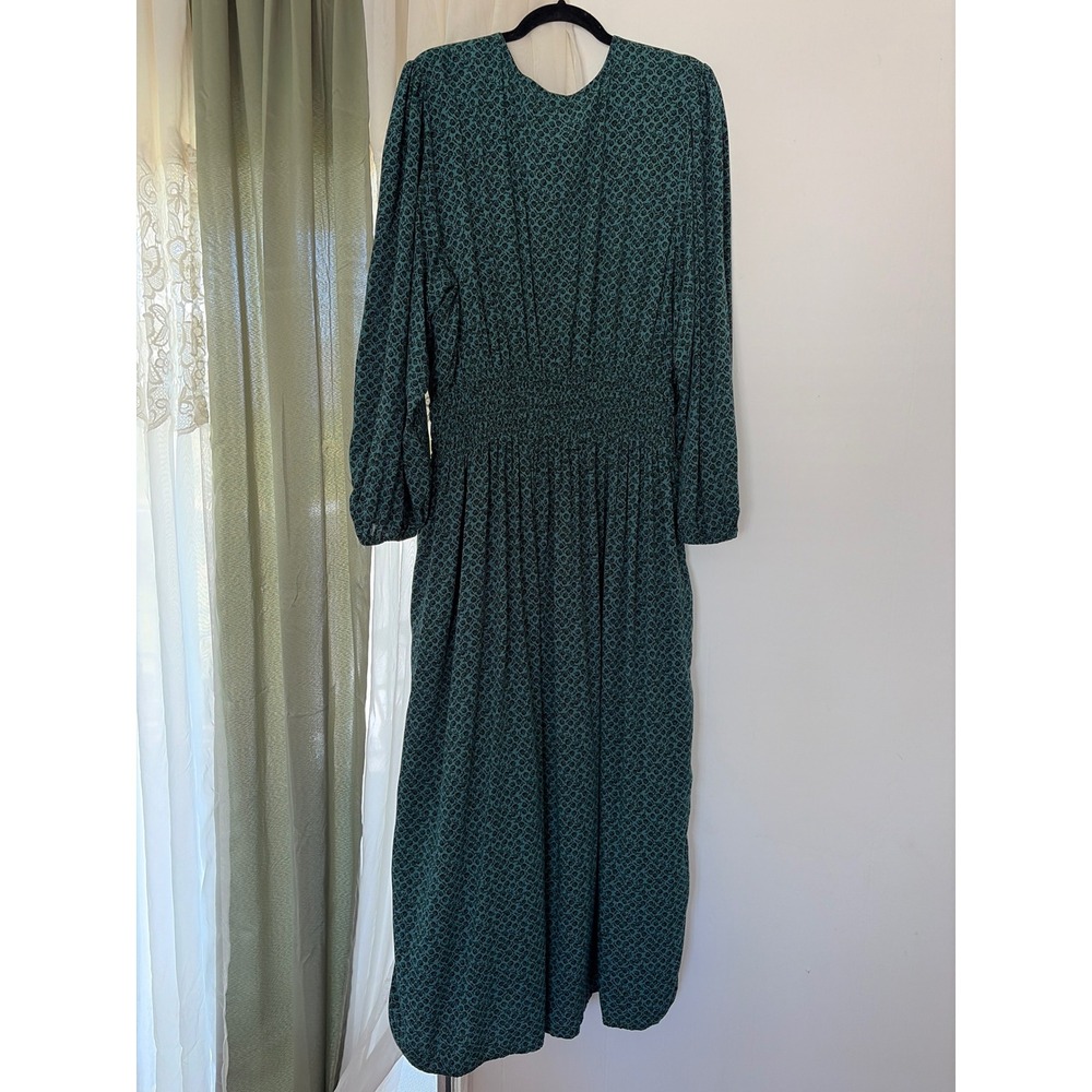 Gap Maxi Dress Womens XXL Green Smocked Waist Floral Long Sleeve V-Neck Forest - Picture 4 of 9